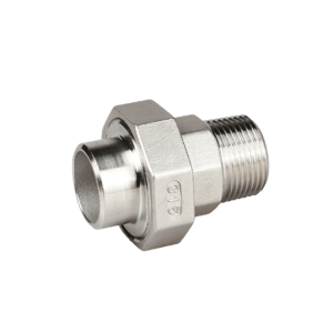 Verschraubung  -  flach dichtend, Aussengewinde / Schweißende  -   # 311 AS,  V4A / AISI 316, gegossen, inkl. Flachdichtung / PTFE, Withwort-Rohrgewinde nach DIN 2999